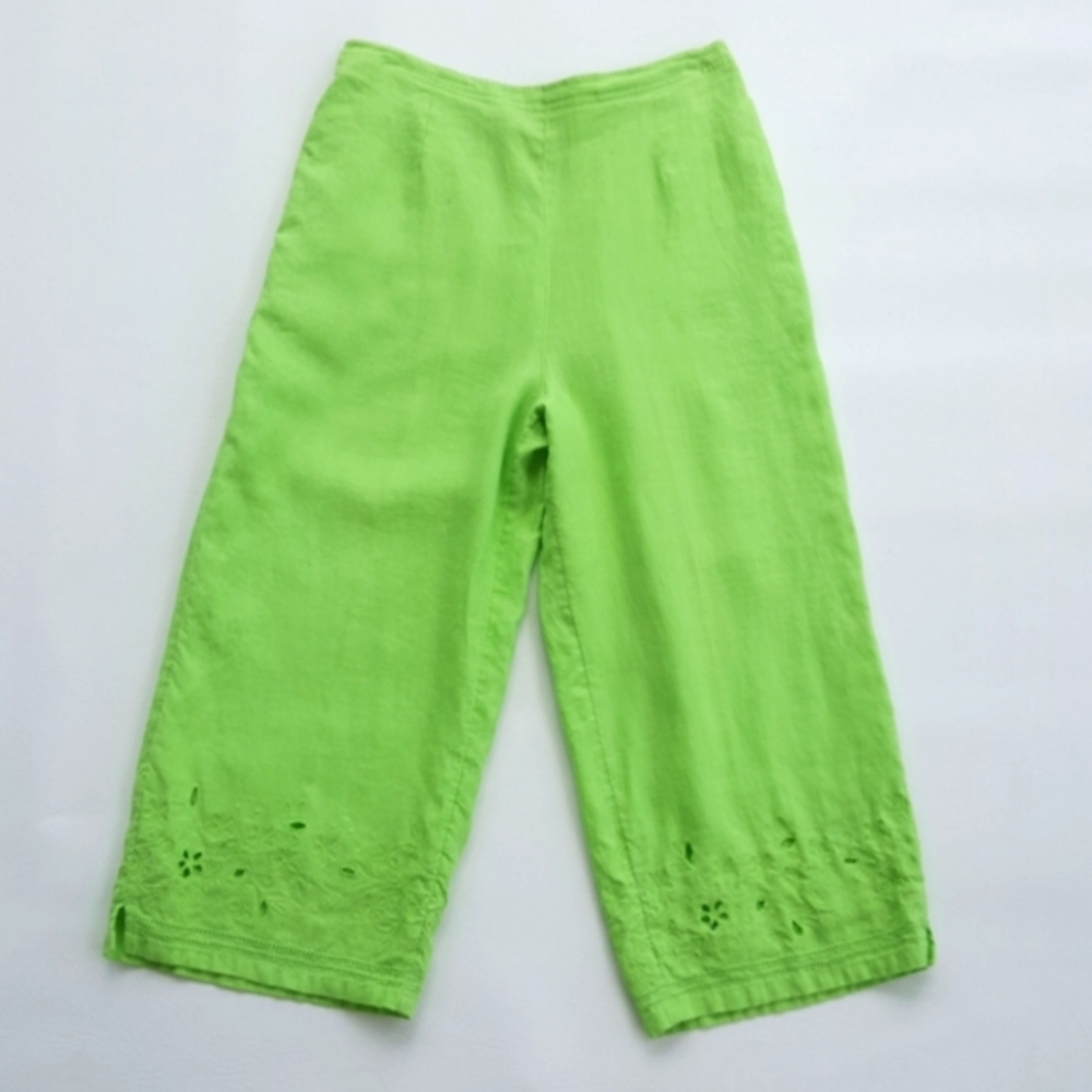PARISIAN•WORKS ♡ Vintage Lime Green Floral Embroidered Hi-Waist Linen Capris MP
